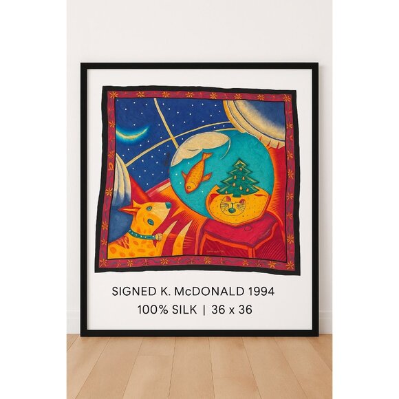 K. McDonald Accessories - K. McDonald 1994 Vintage Silk Scarf – Cat & Fishbowl Christmas Scene, 36”x36”, S